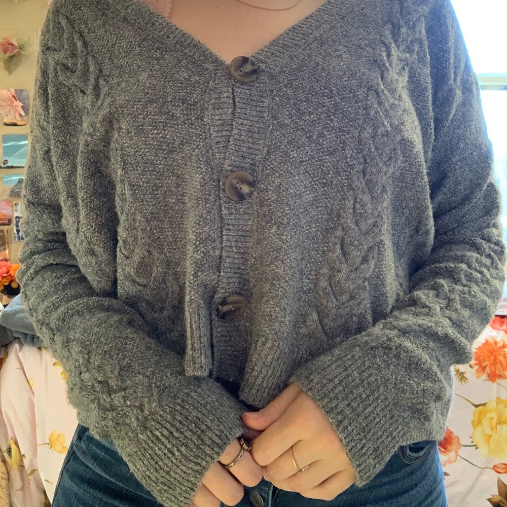 Pink Rose Button Sweater Gray